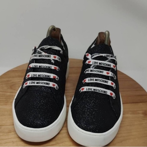 NWOT Cool LOVE MOSCHINO Black Glitter With Monogram Shoe Laces Ladies Size IT|40 - Picture 2 of 10